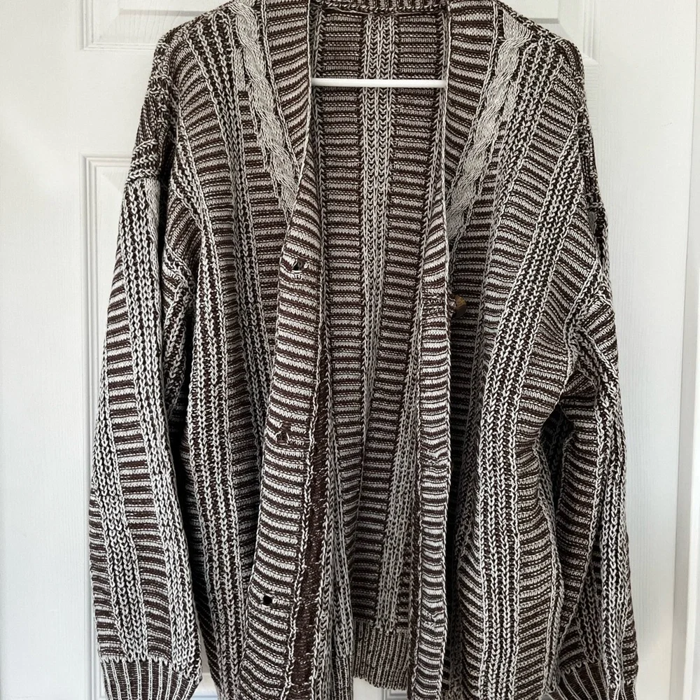 Cupshe Striped Knit Cardigan - Beige and White - Picture 3 of 7